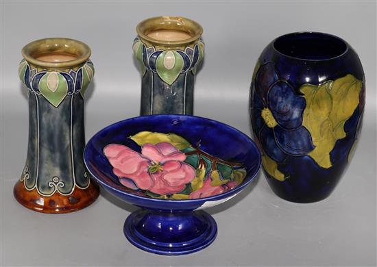 A Moorcroft vase and pedestal dish and pair of Doulton vases (one a.f.)
